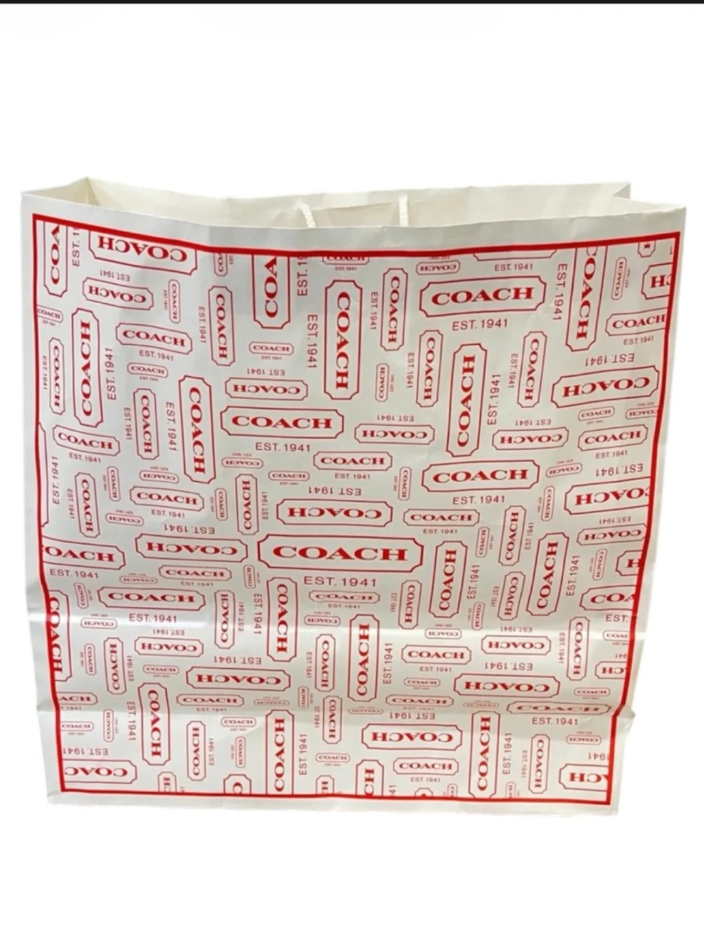 COACH White and Red Logo Print Shopping Bag
